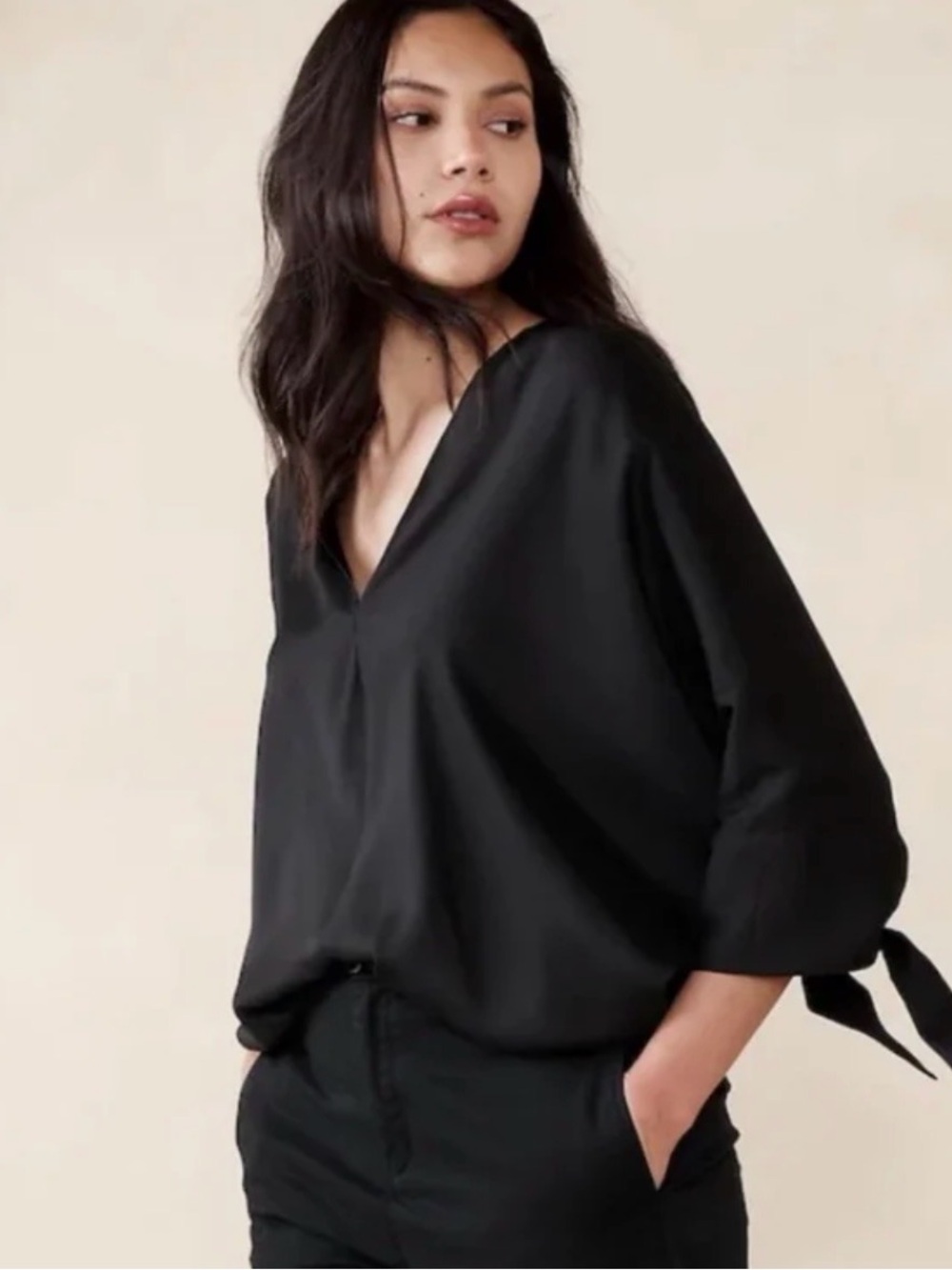 Banana Republic Black V-Neck Tie-Sleeve Blouse